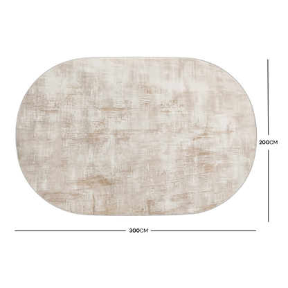 Oval beige rug shown in full on white background with 200cm by 300cm dimensions labeled