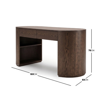 Dark wood desk shown on a white background with dimensions labeled 160CM by 60CM by 76CM