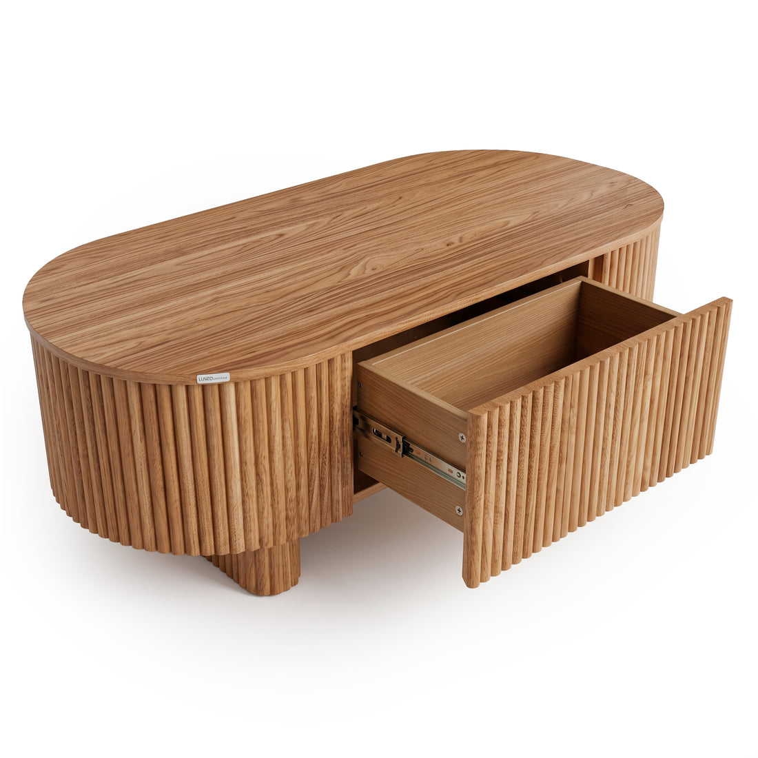 Oval wooden coffee table with an open drawer on a white background
