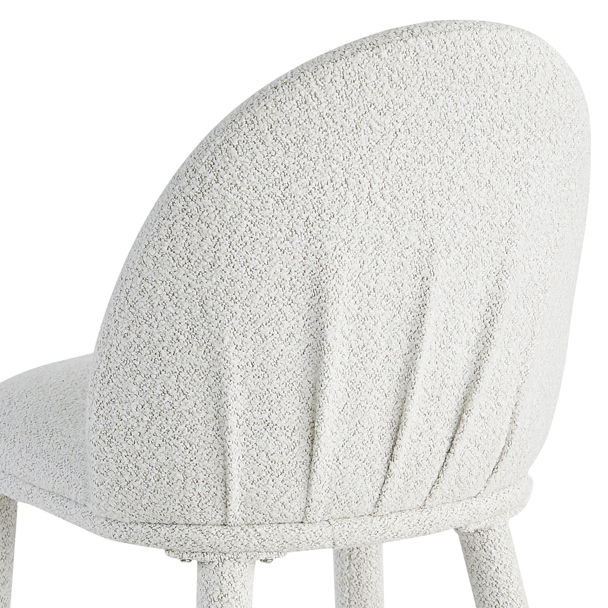 Joren Boucle Arched Dining Chair Set of 2 in Cream, featuring a textured off-white bouclé fabric, vertical pleated curved backrest, and matching wrapped legs, offering style and comfort.
