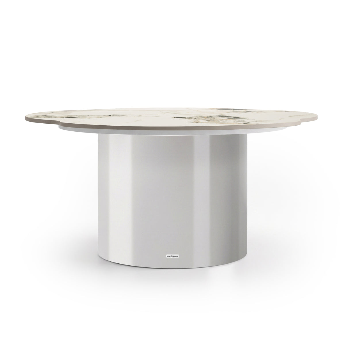 Round coffee table with metallic cylindrical base and light marble-effect top on a white background