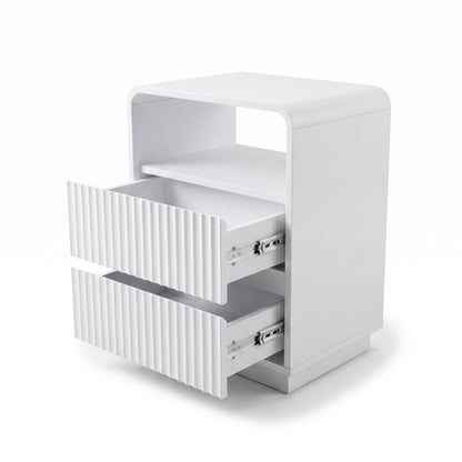 White nightstand on a white background with both drawers partially open.