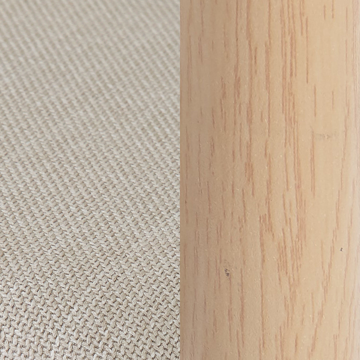 Close-up of beige upholstery and wooden chair frame detail.