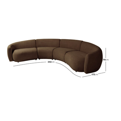 Curved sectional sofa with dimension lines and measurements on white background