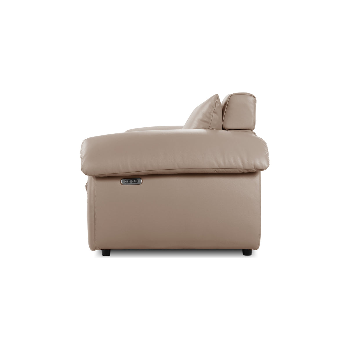 Side view of a beige reclining sofa showing the armrest and control panel