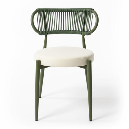 Cabria 9 Piece Sintered Stone Outdoor Dining Set in Green features a modern chair with olive-green tapered legs, a cream padded seat, and a tubular backrest wrapped in green rope slats.