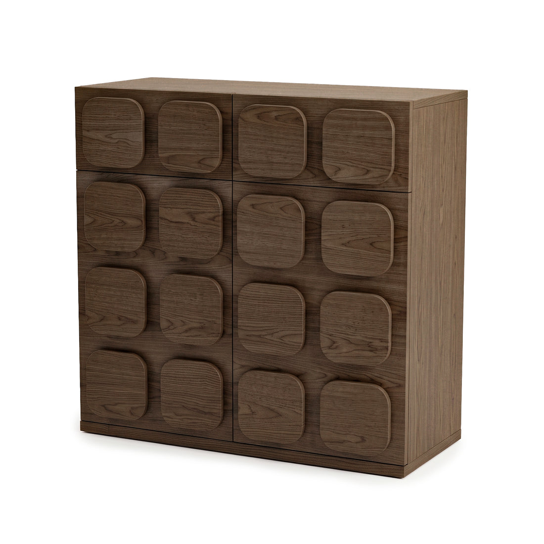 Modern wooden cabinet with a geometric front pattern shown at a slight angle on a white background