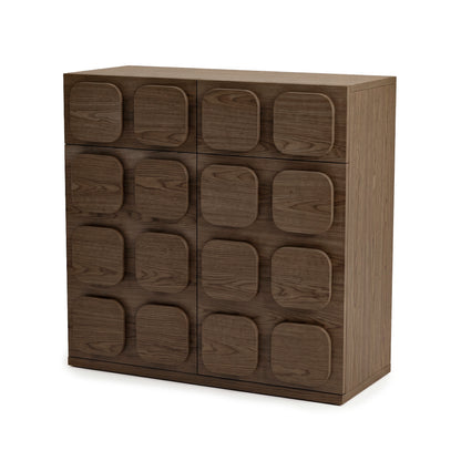 Modern wooden cabinet with a geometric front pattern shown at a slight angle on a white background