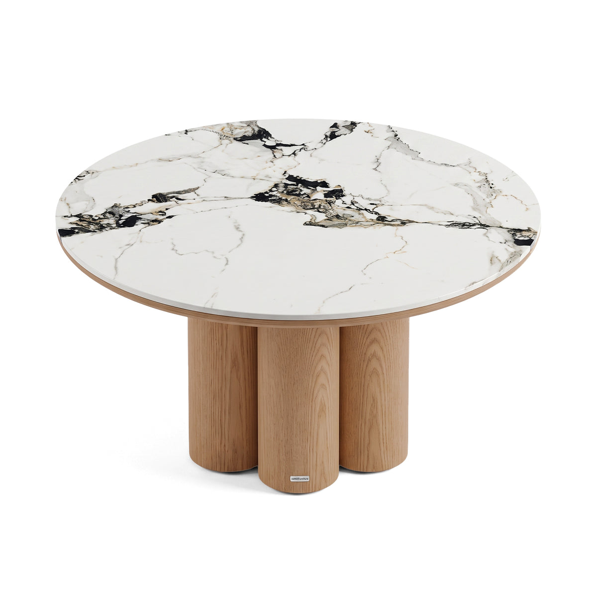Contemporary round table with black and gold veined marble-effect top and cylindrical wooden base on a white background