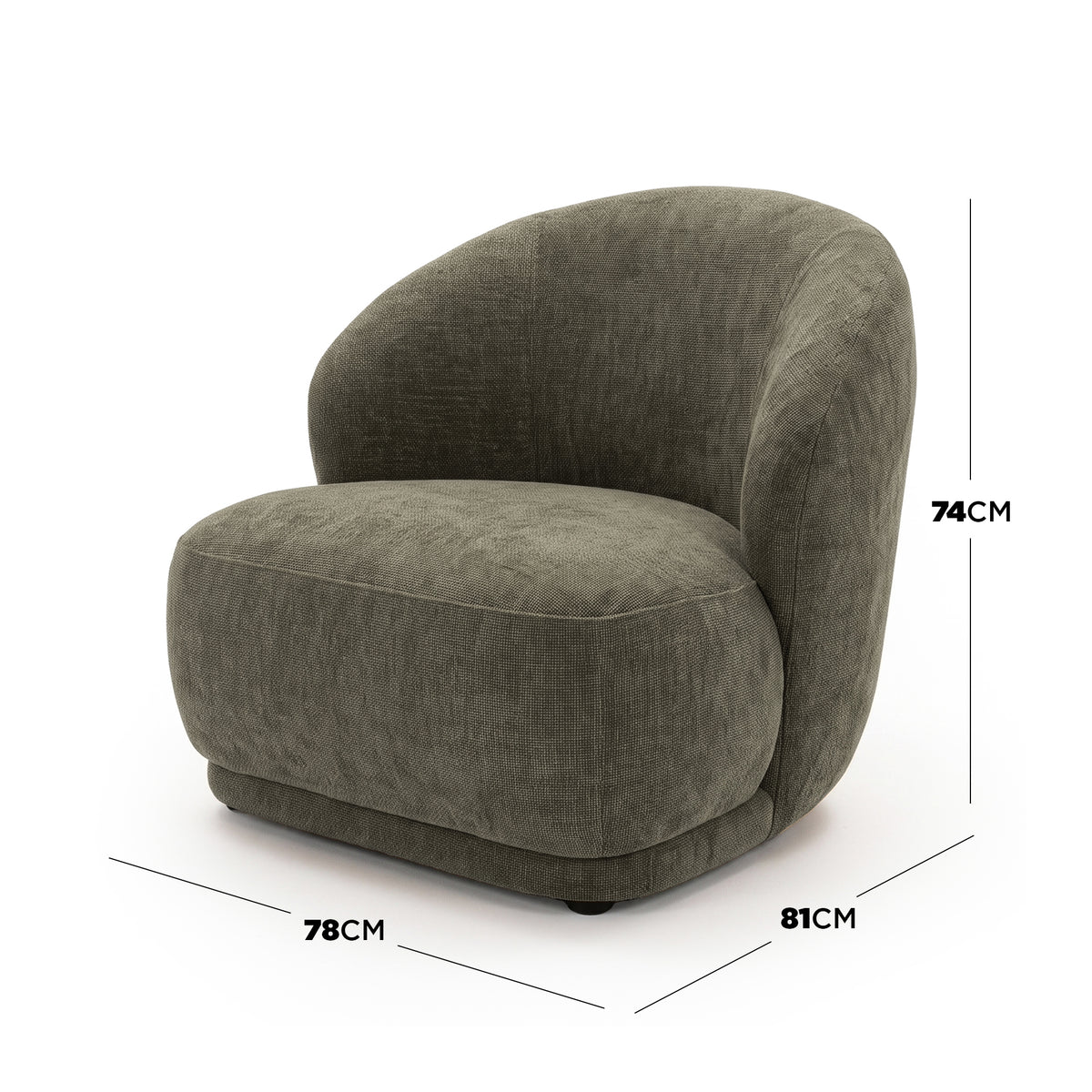 Moss green accent chair on white background with height, width, and depth measurements