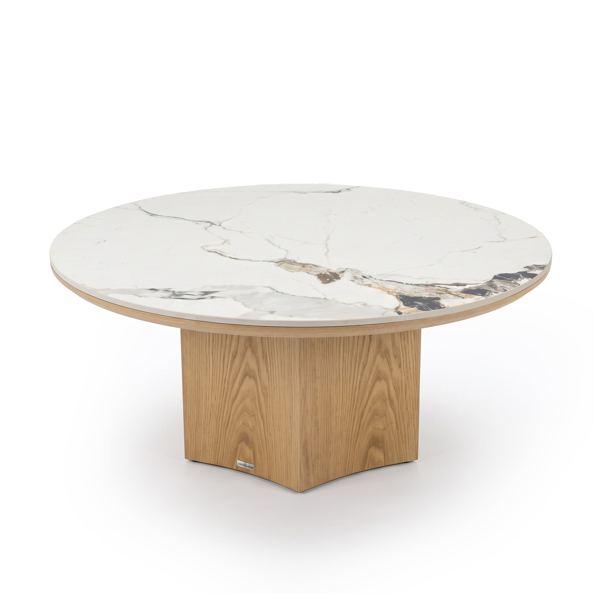 Round table with a white marble-effect top and light wood geometric base on a white background.