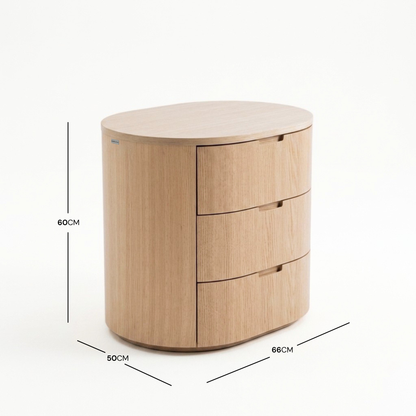 Wooden three-drawer chest of drawers on white background with dimensions labeled