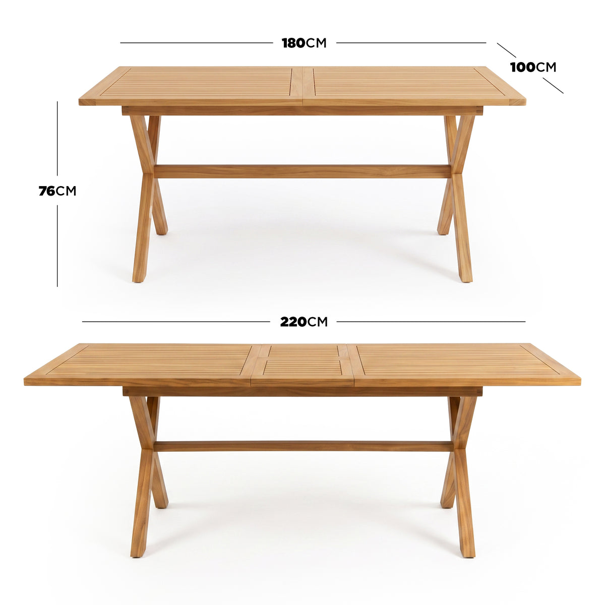 Wooden dining table with listed dimensions and extendable length options