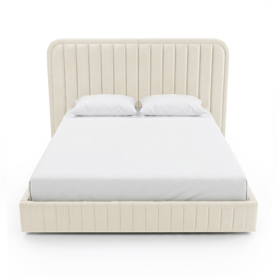 Cream upholstered bed frame with mattress and pillows on white background