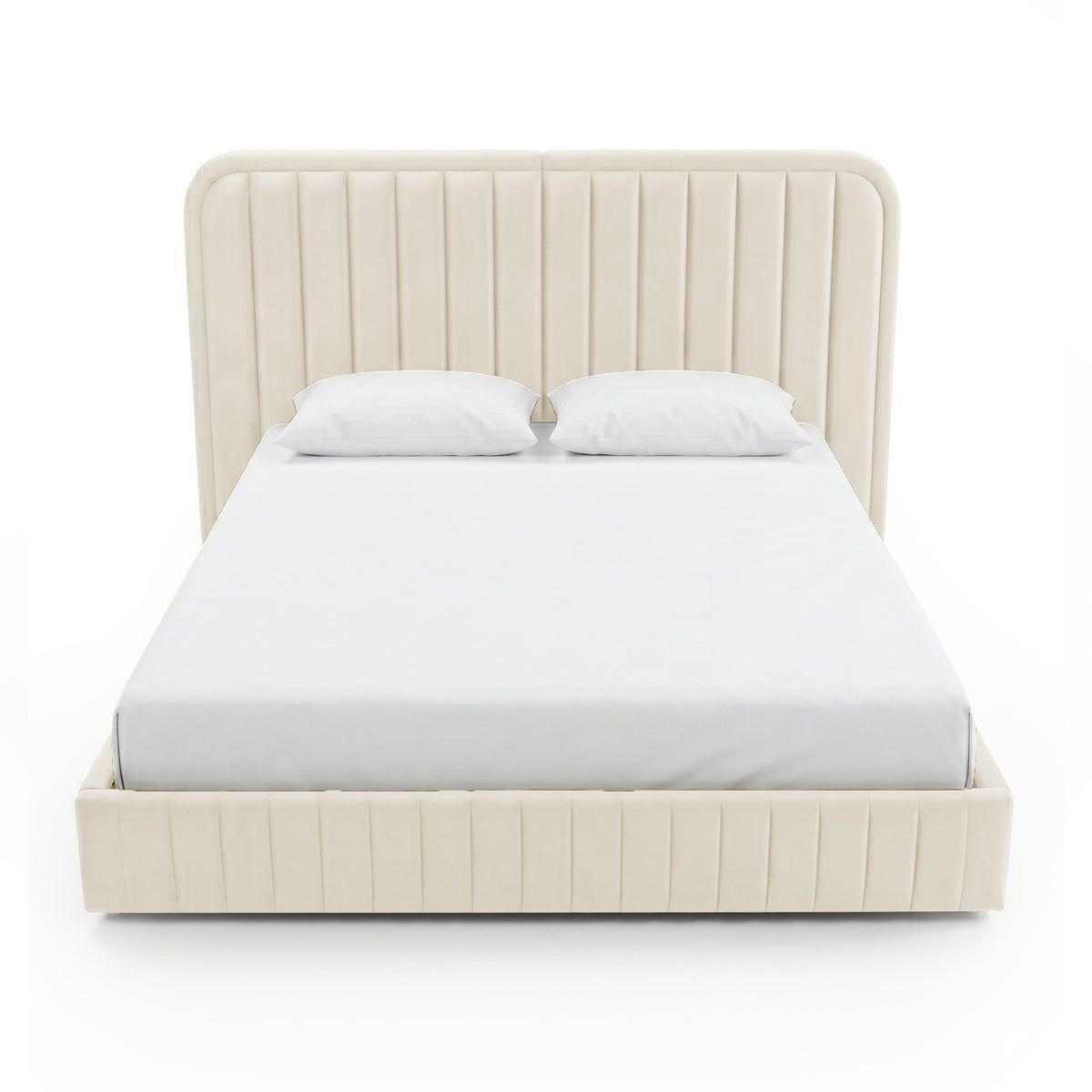 Cream upholstered bed frame with mattress and pillows on white background