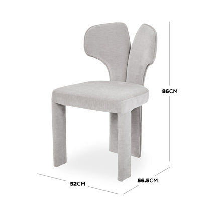 Light gray modern chair on white background with dimension labels - Dimensions