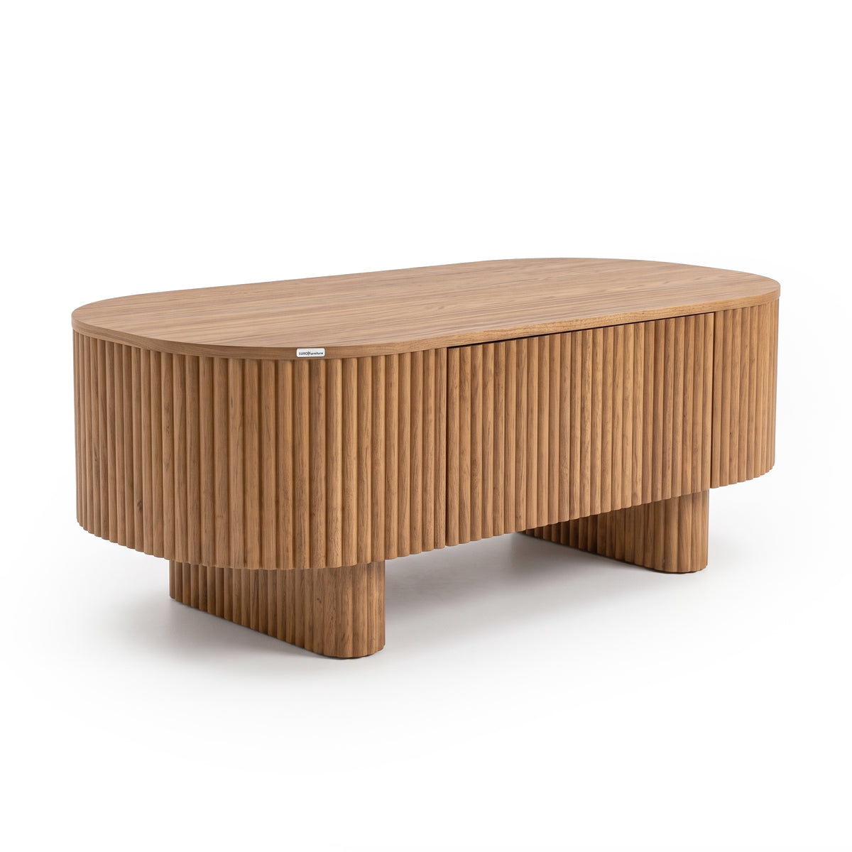 Oval wooden coffee table fully shown on a white background