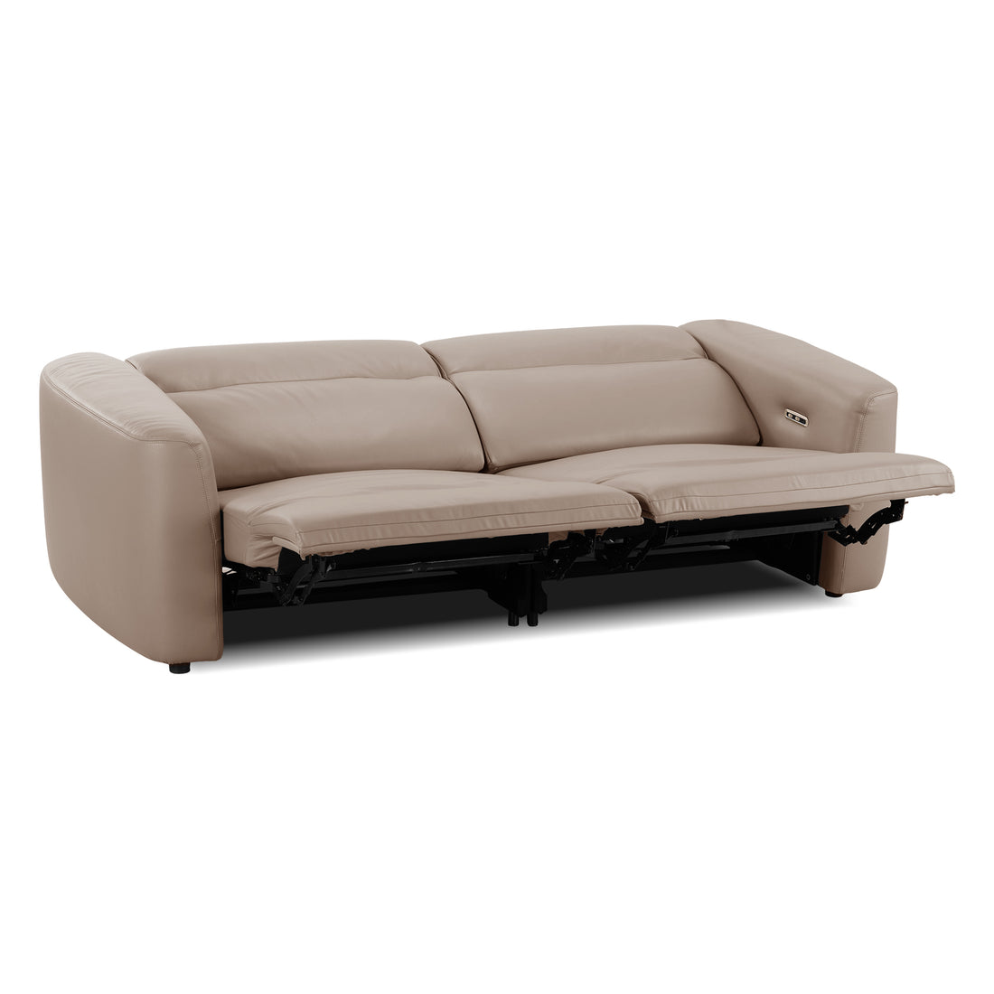 Beige three-seat reclining sofa with both end seats extended on a white background