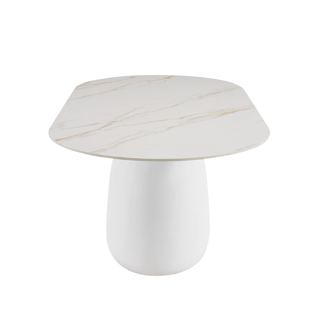 Modern table with rounded square marble-look top and white pedestal base on a white background