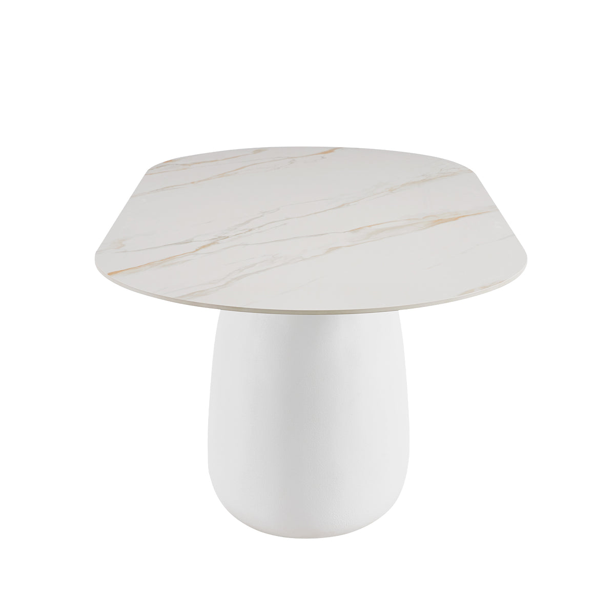 Modern table with rounded square marble-look top and white pedestal base on a white background
