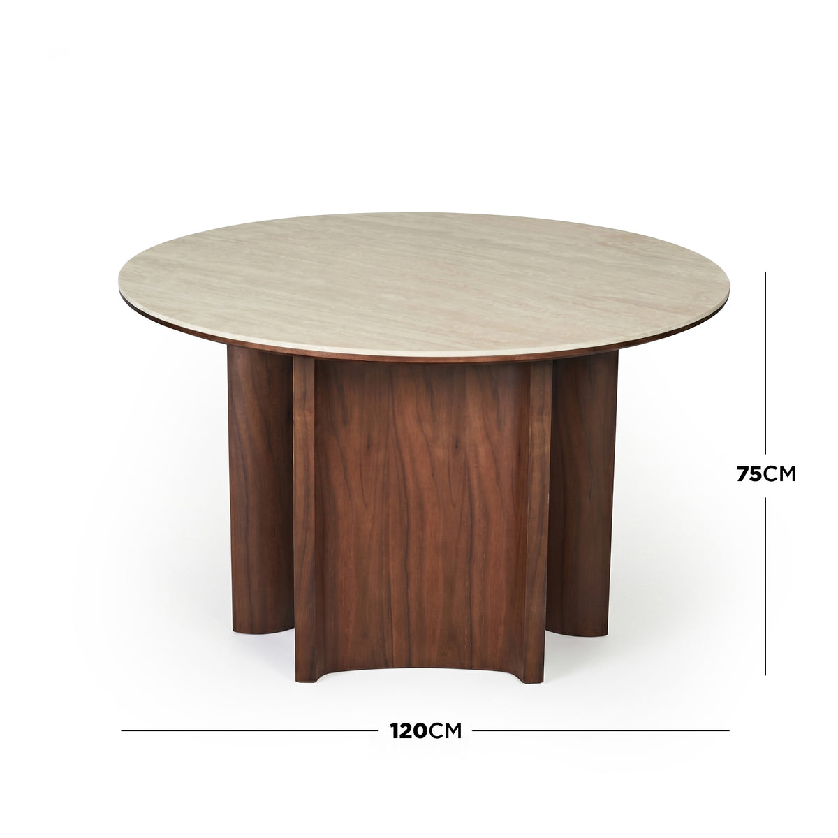 Round dining table on white background with dimensions labeled 120cm by 75cm