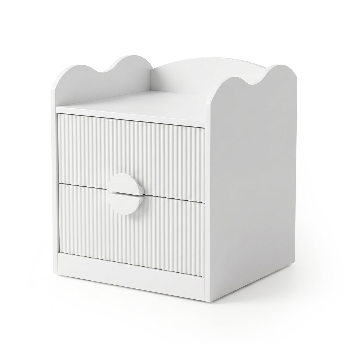 White modern nightstand with wavy top edge, grooved drawer fronts, and central circular handle