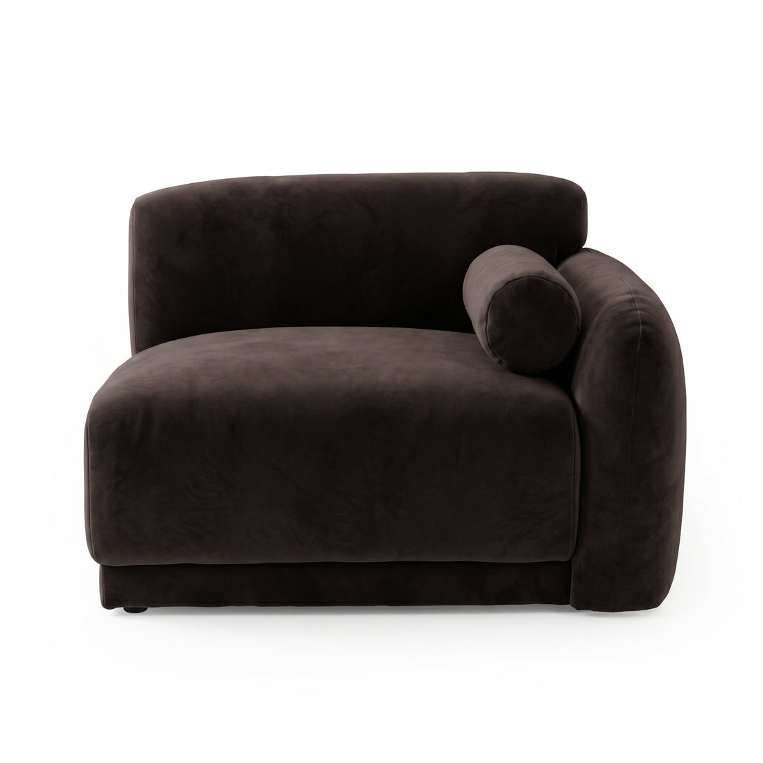 Plush dark brown armless upholstered chair with bolster pillow on white background