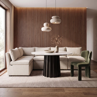 Cream curved dining banquette in a stylish contemporary dining room