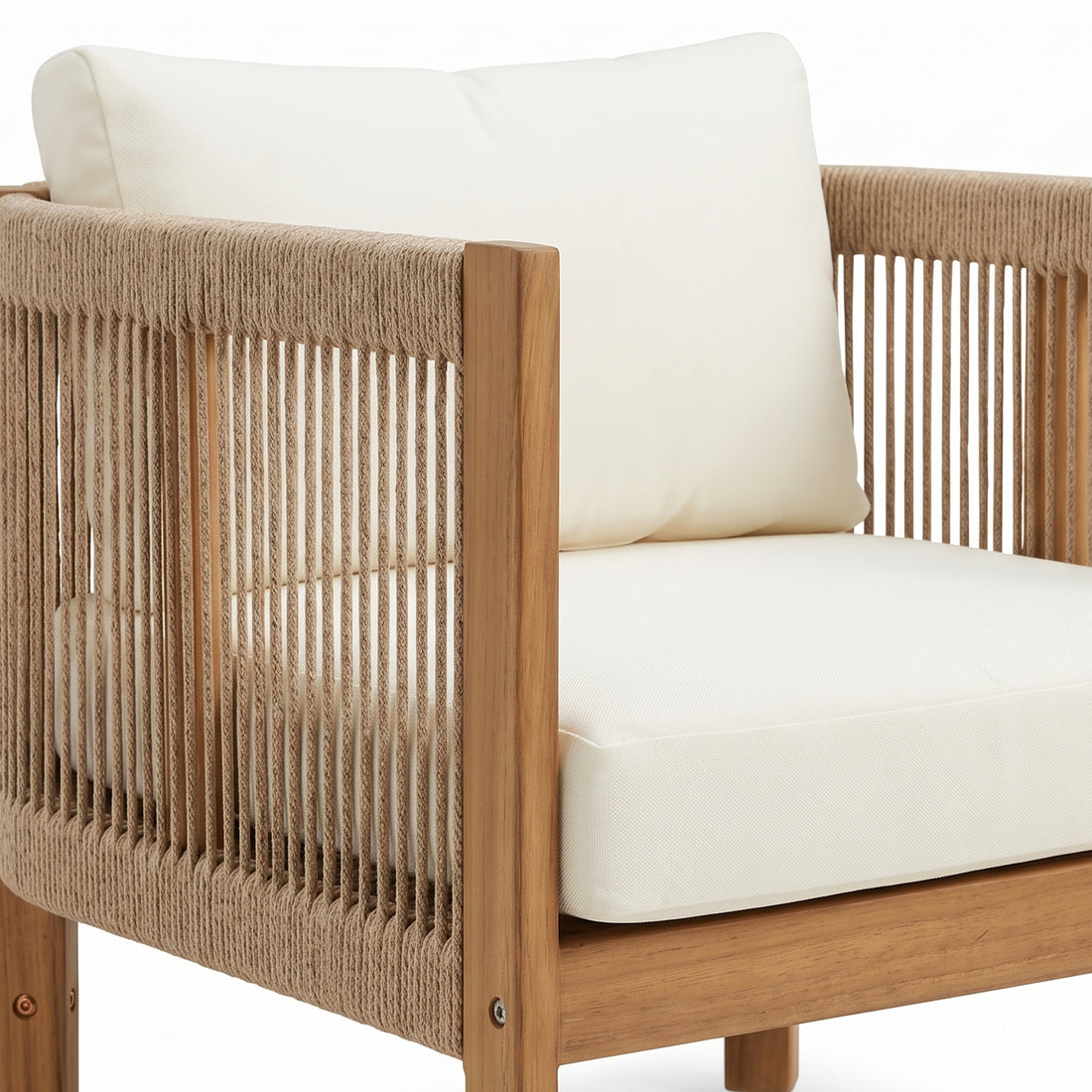 Close-up of a chair corner with rope and wood details on white background
