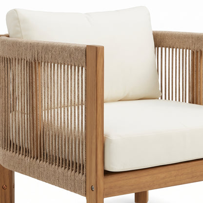 Close-up of a chair corner with rope and wood details on white background