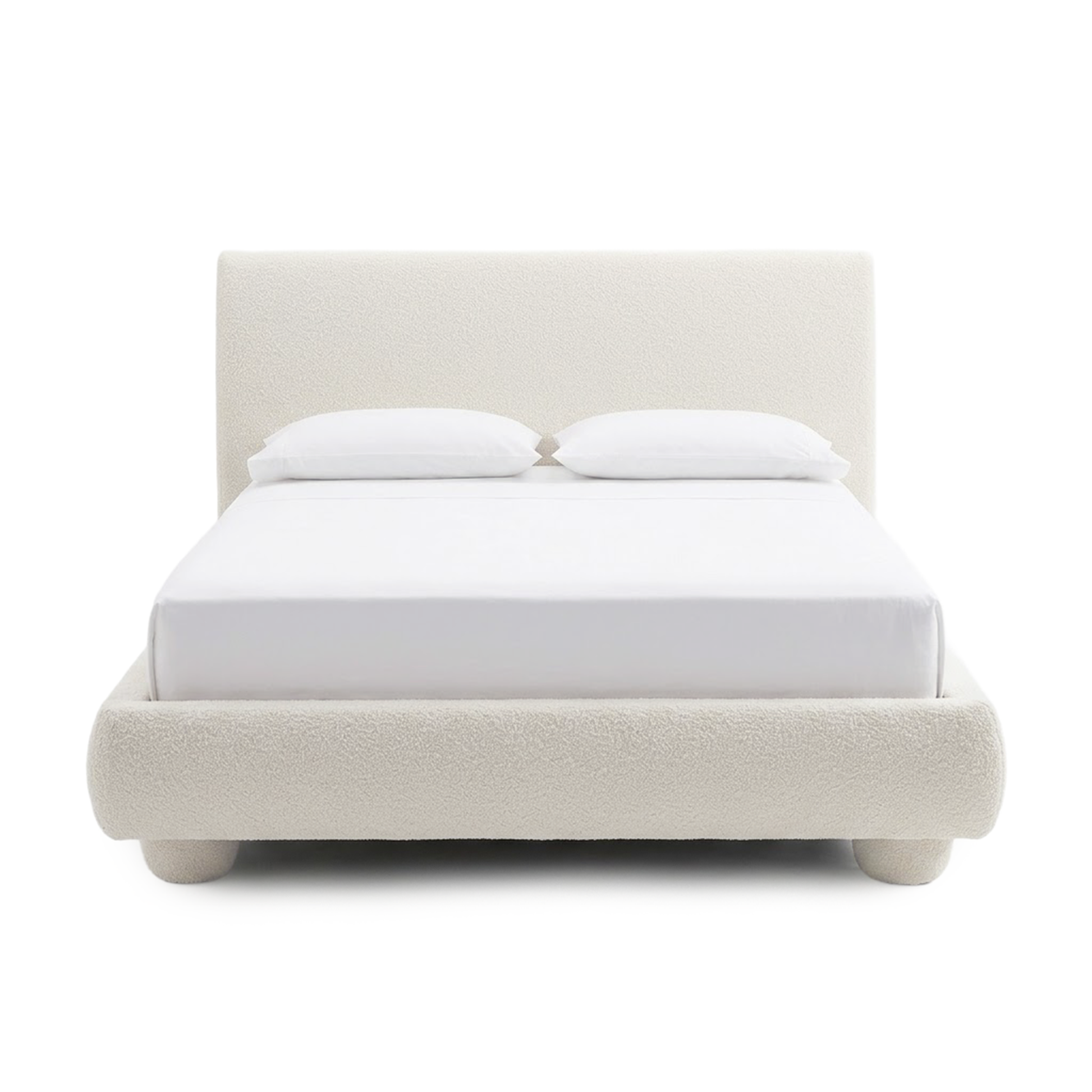 Front view of an upholstered bed on a white background
