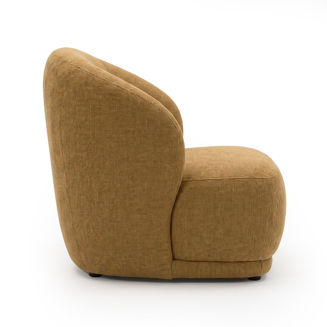 Side view of a mustard gold chenille accent chair on a white background.