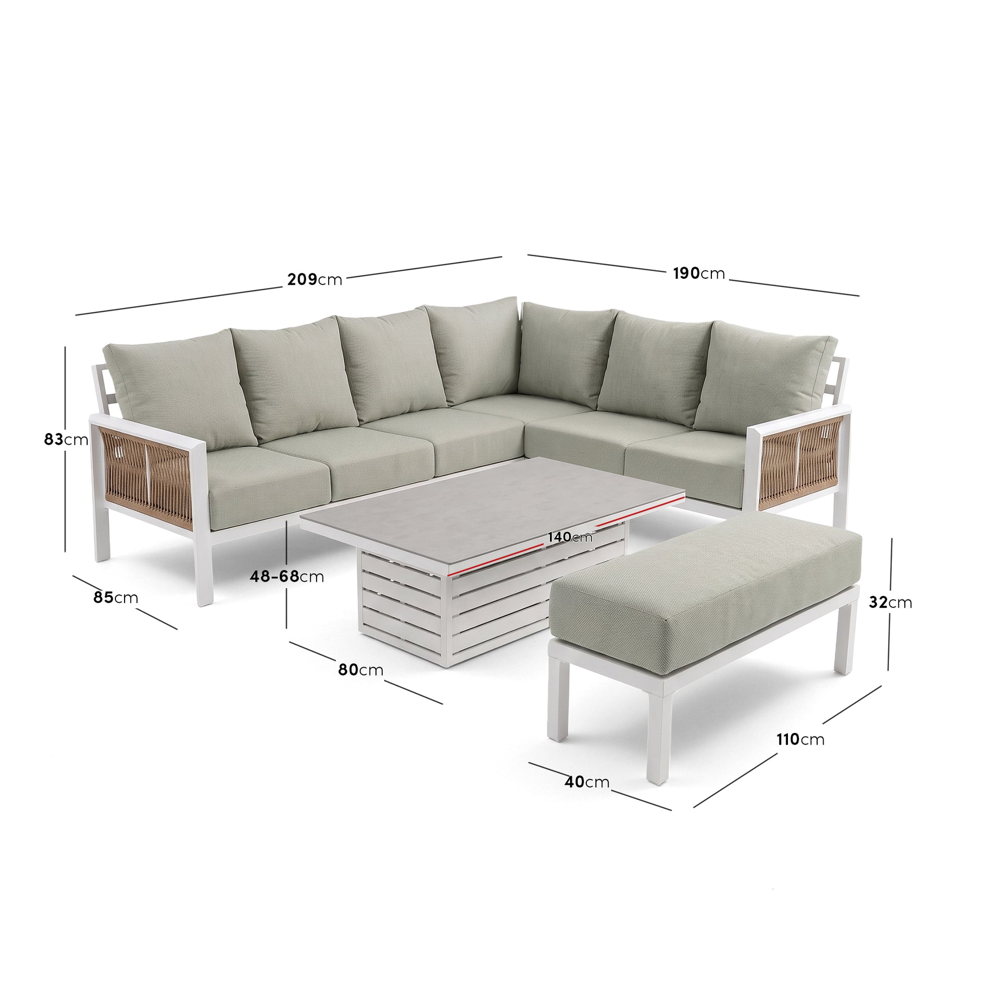 Outdoor sectional sofa set with bench and coffee table on a white background with dimensions labeled