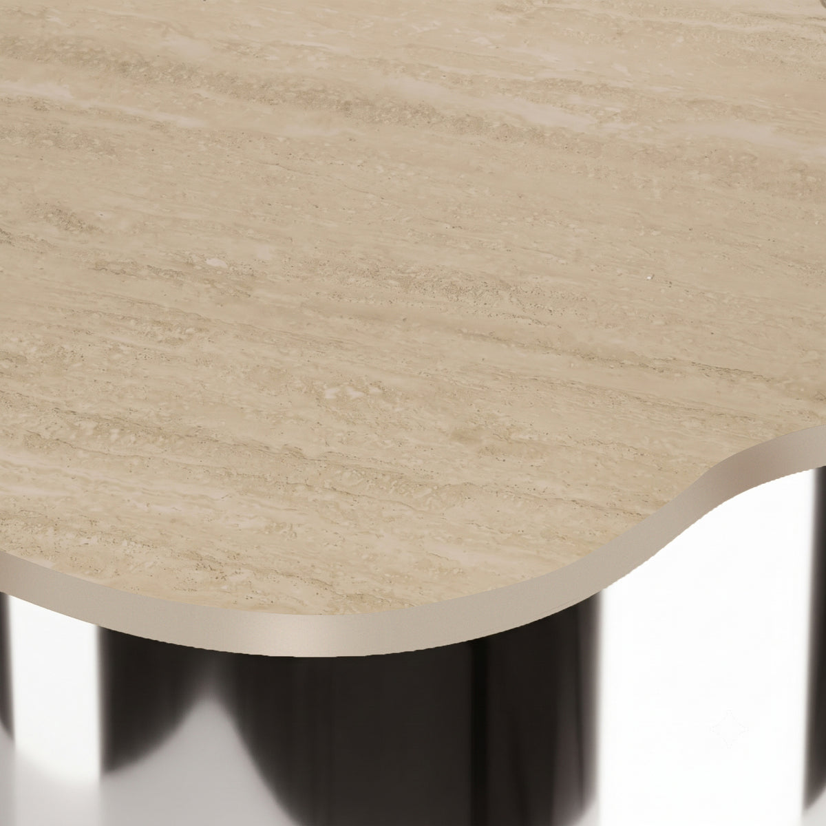 Close-up of a table top and small portion of the base on a white background