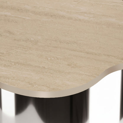 Close-up of a table top and small portion of the base on a white background