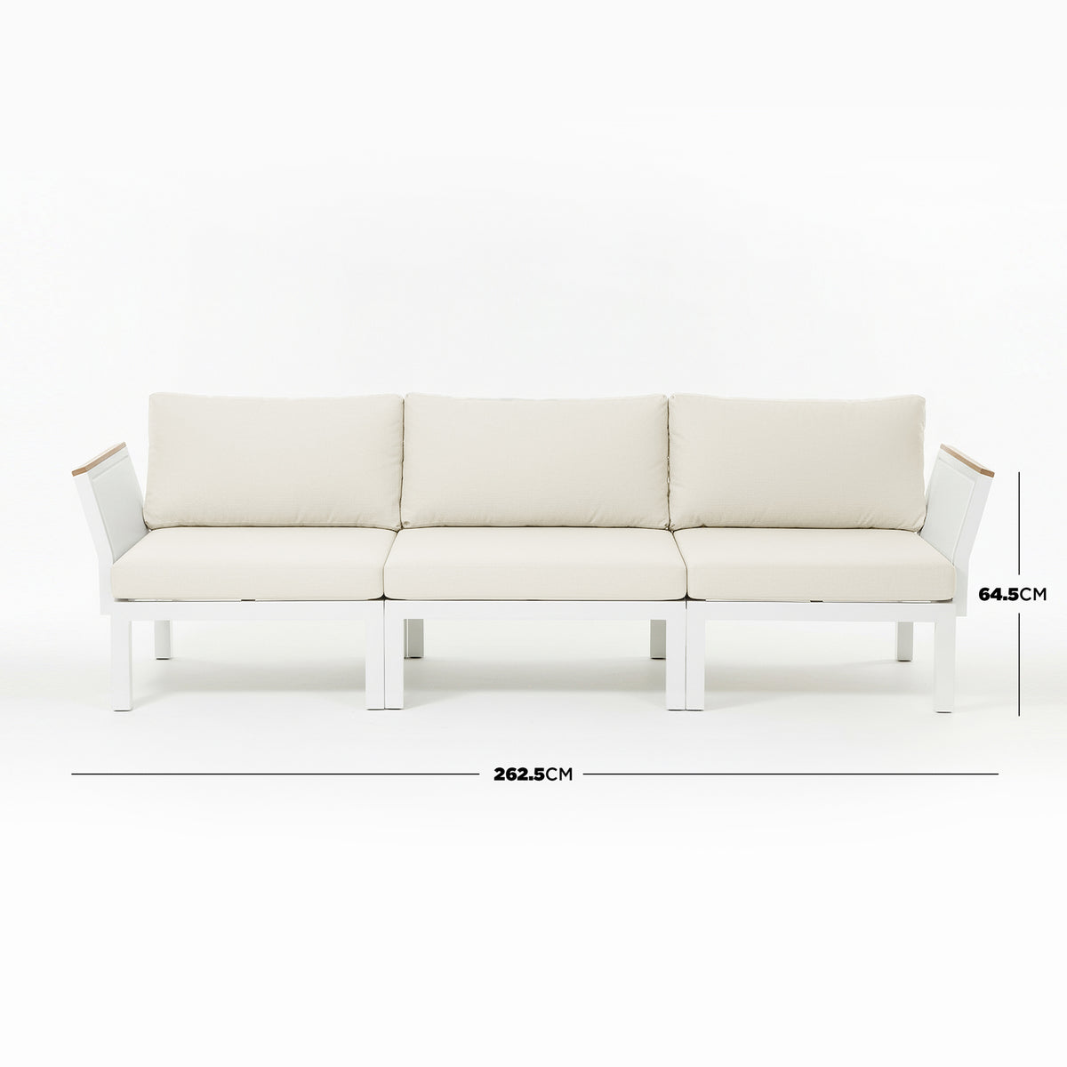 Sierra Outdoor Lounge Set in Beige: Three-seat modular sofa with white metal frame, ivory cushions, dimension lines showing 262.5 cm width and 64.5 cm backrest height, ideal for outdoor comfort.