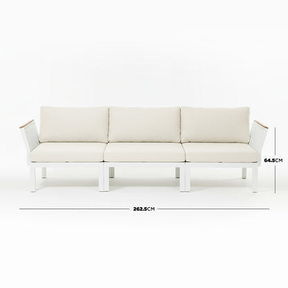 Sierra Outdoor Lounge Set in Beige: Three-seat modular sofa with white metal frame, ivory cushions, dimension lines showing 262.5 cm width and 64.5 cm backrest height, ideal for outdoor comfort.