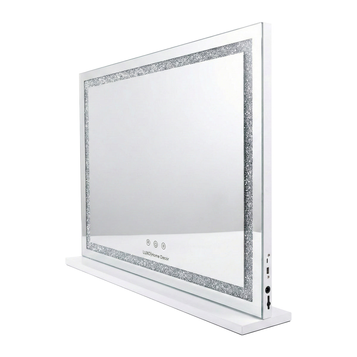 Rectangular mirror with white frame and decorative inner edge, with visible ports, on white background