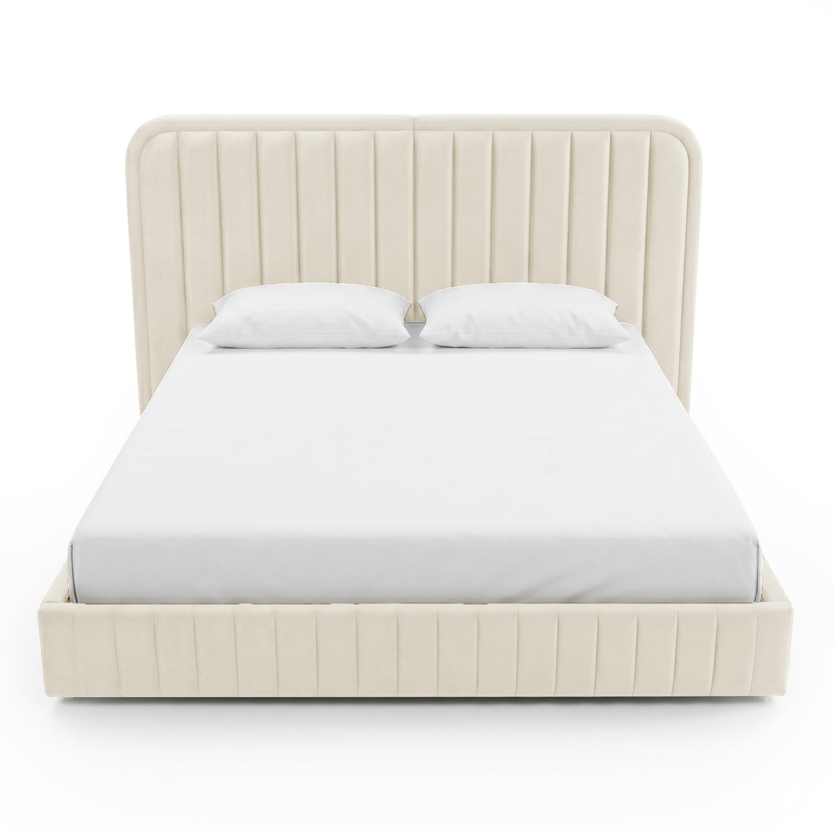 Cream upholstered bed with vertical panel headboard and footboard on white background