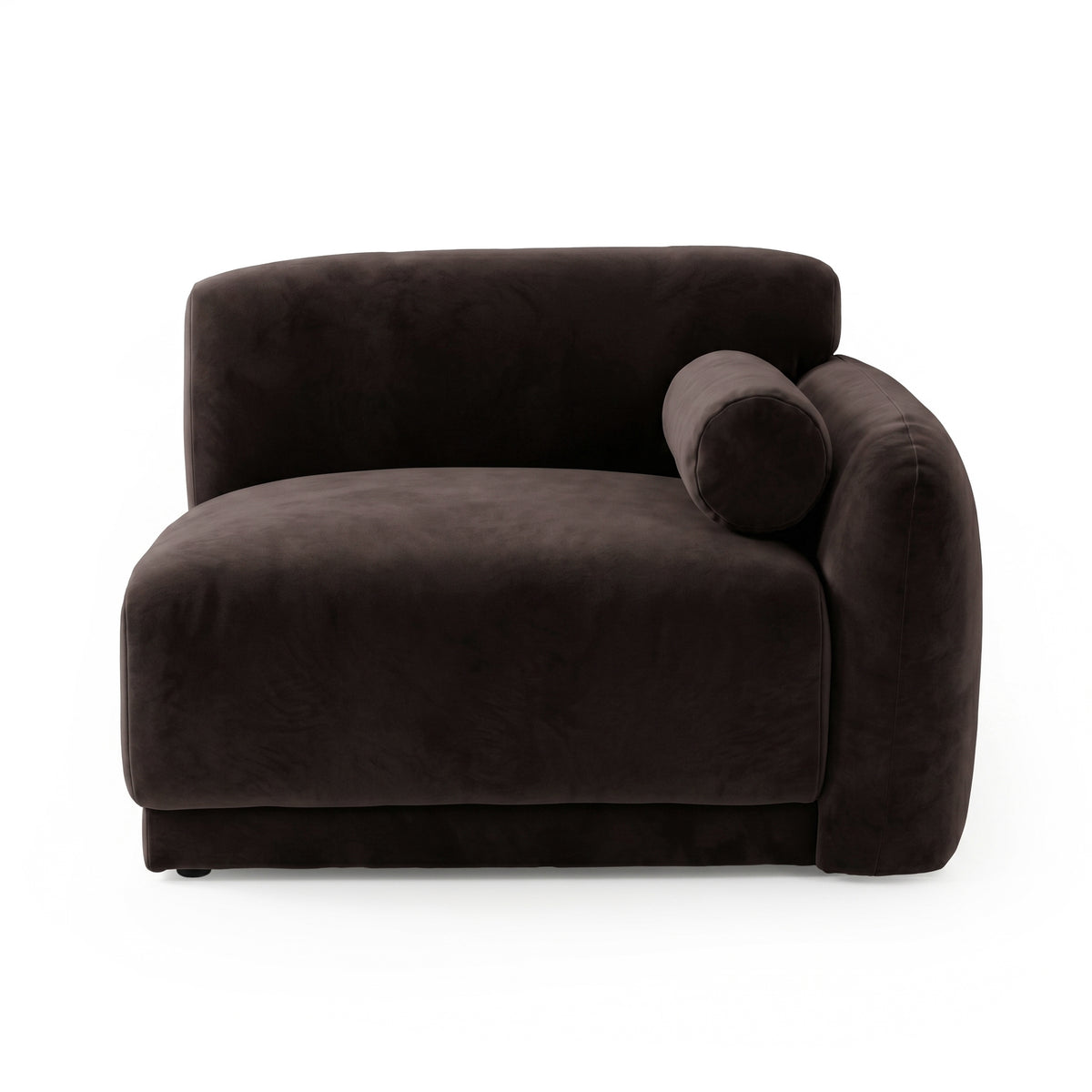 Dark brown left-arm lounge chair with bolster cushion on white background