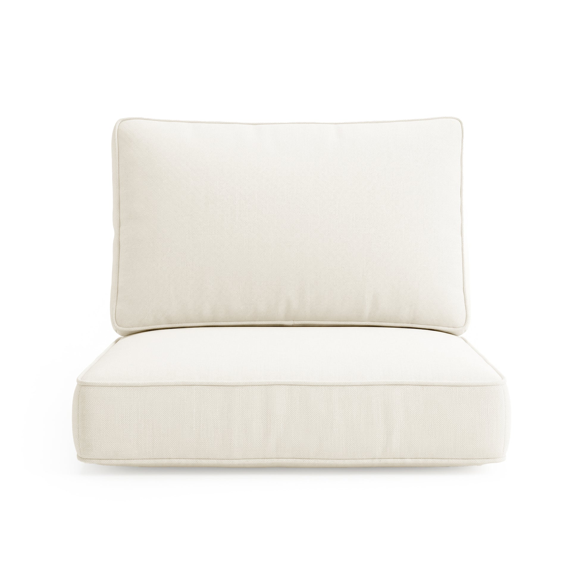 Close-up of Vernon Sofa Cushion Covers in Cream White, featuring two stacked off-white cushions with piped edges and a subtle woven texture, highlighting a clean, modern look for outdoor furniture.