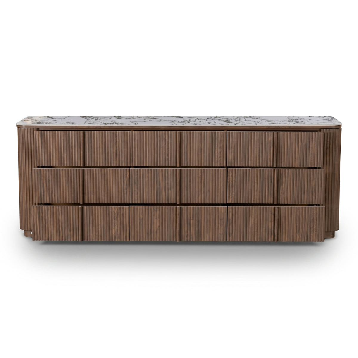 Contemporary sideboard with fluted wood design and marble top on white background