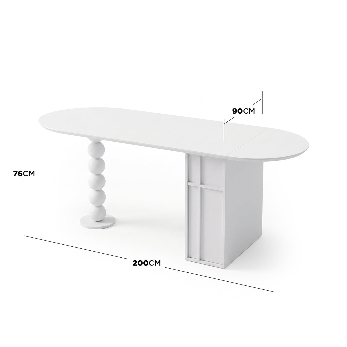 White modern table with measurement lines showing 200 cm by 90 cm by 76 cm