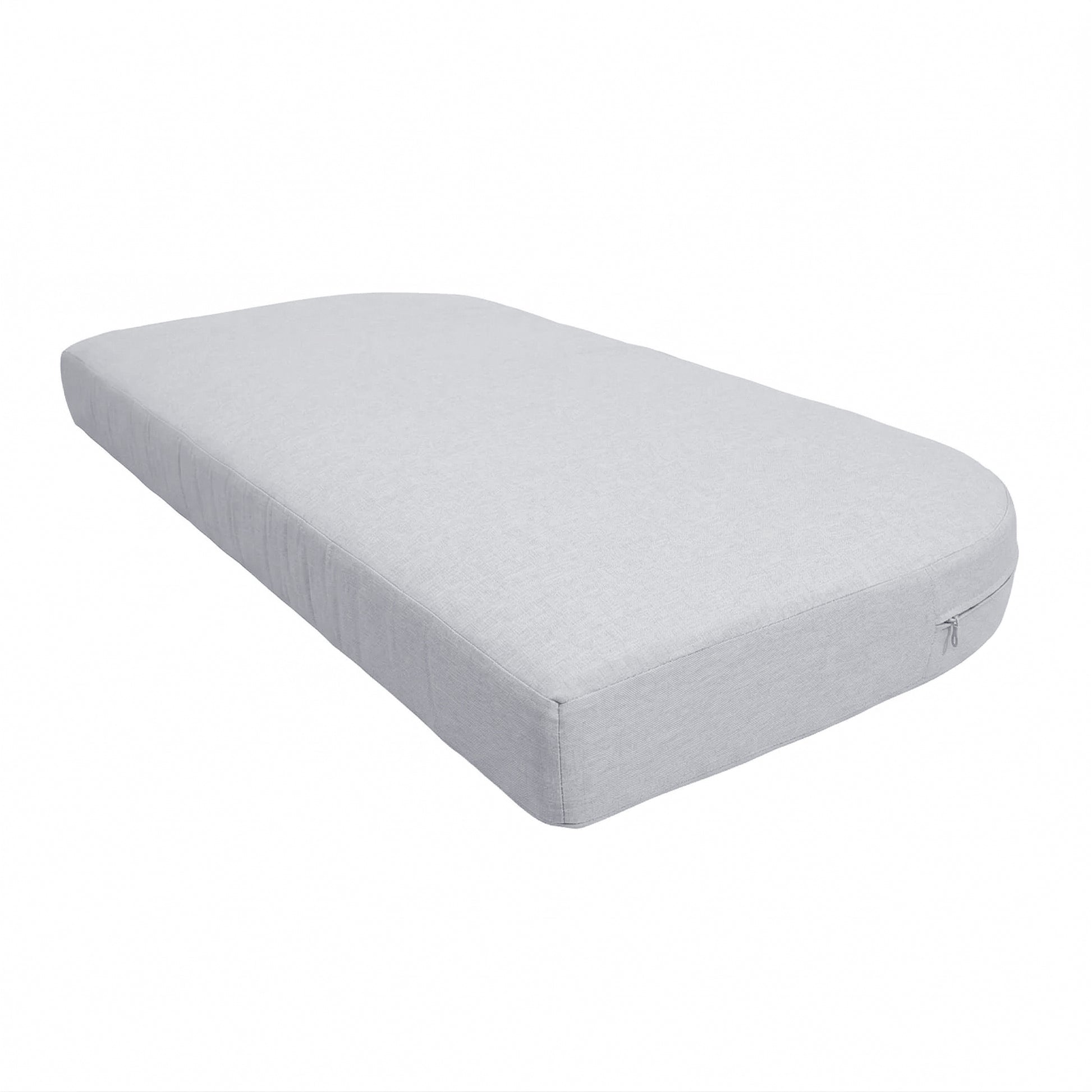 Light gray mattress on white background showing side profile