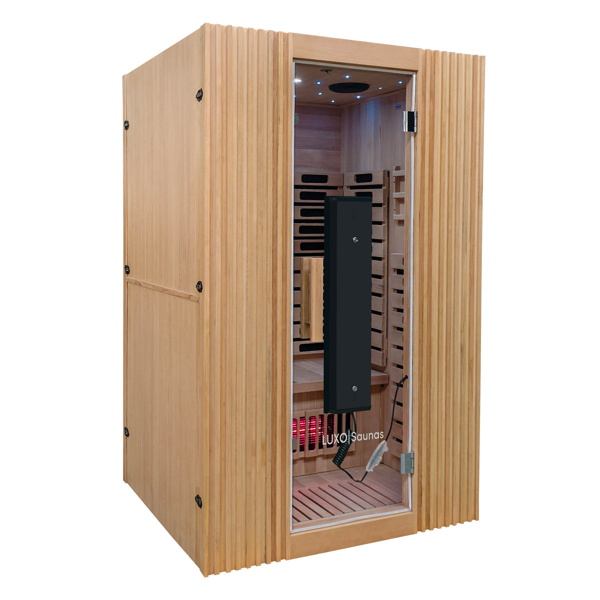 Modern personal sauna on a white background with glass door and visible interior bench.