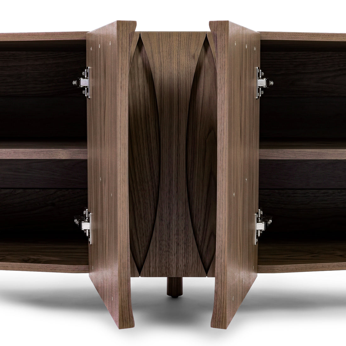 Partial view of an open wooden cabinet on a white background