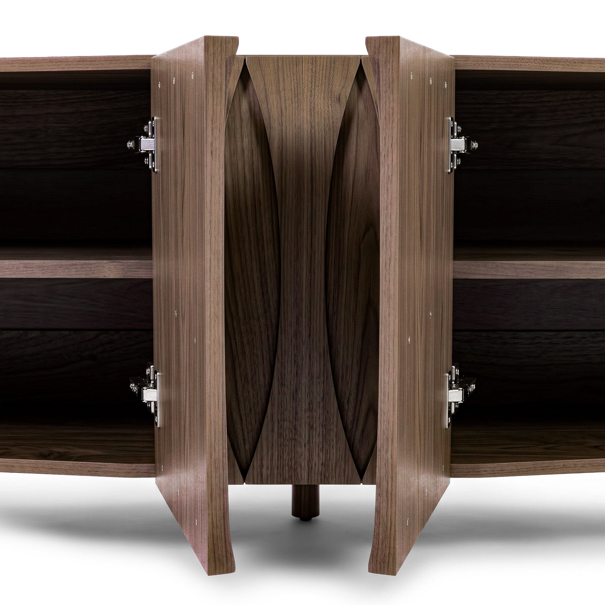 Partial view of an open wooden cabinet on a white background