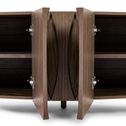 Partial view of an open wooden cabinet on a white background