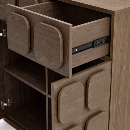 Close-up of a wooden cabinet corner with open drawers and visible wood grain on a white background