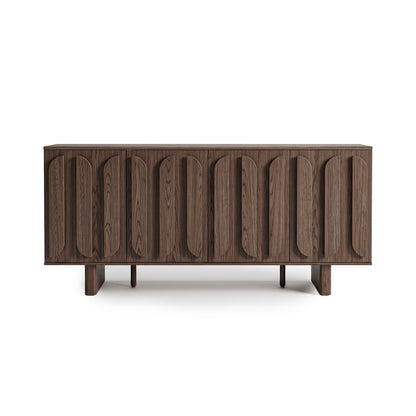 Modern wooden sideboard with raised geometric door pattern on a white background.